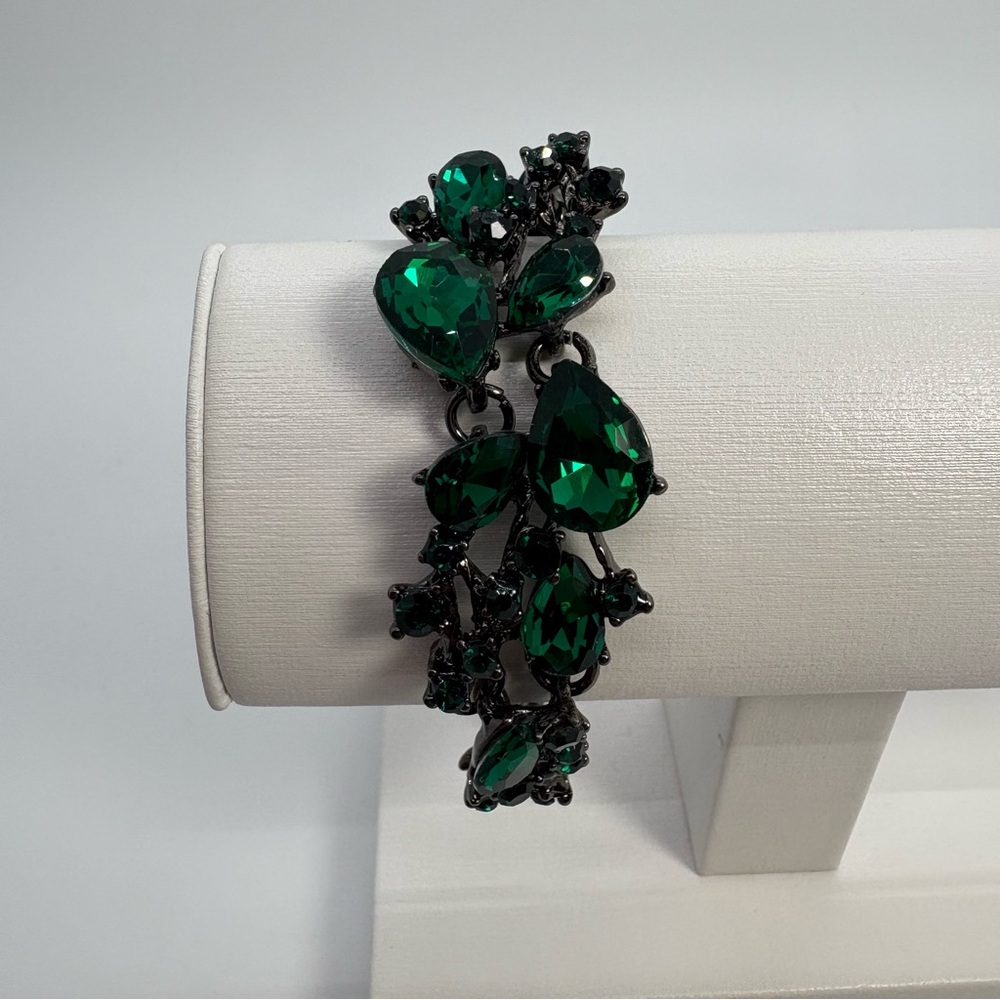 Green Emerald Crystal Rhinestone Teardrop Bridal Party Black Tone Bracelet